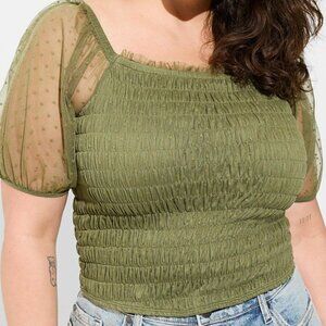 Torrid Dot Mesh Square Neck Smocked Top in Olive Plus Size 2X (18-20)